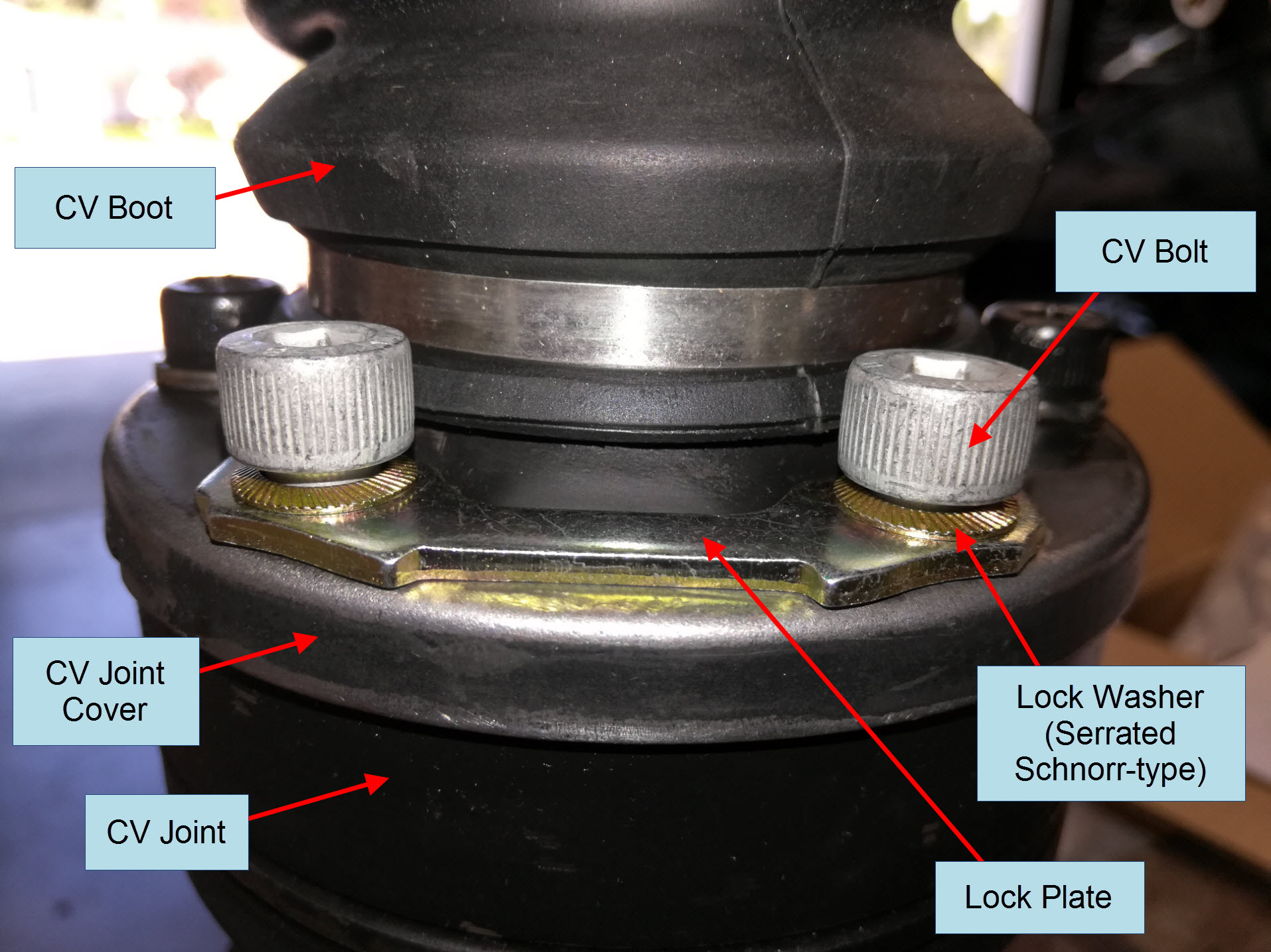 Air-cooled Porsche 911 CV joint mounting hardware detail.