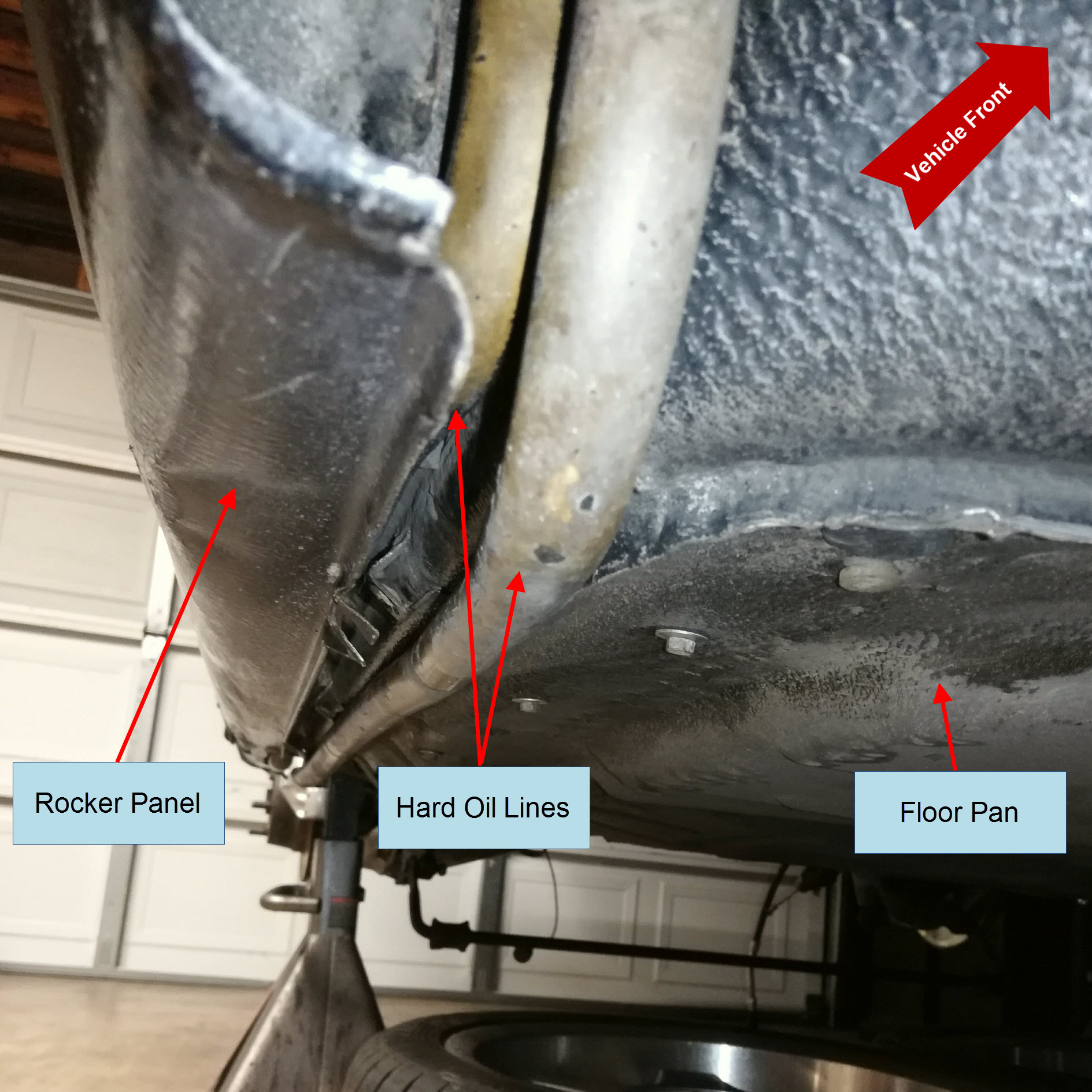 Air-cooled Porsche 911 hard oil cooler lines under rocker panel.