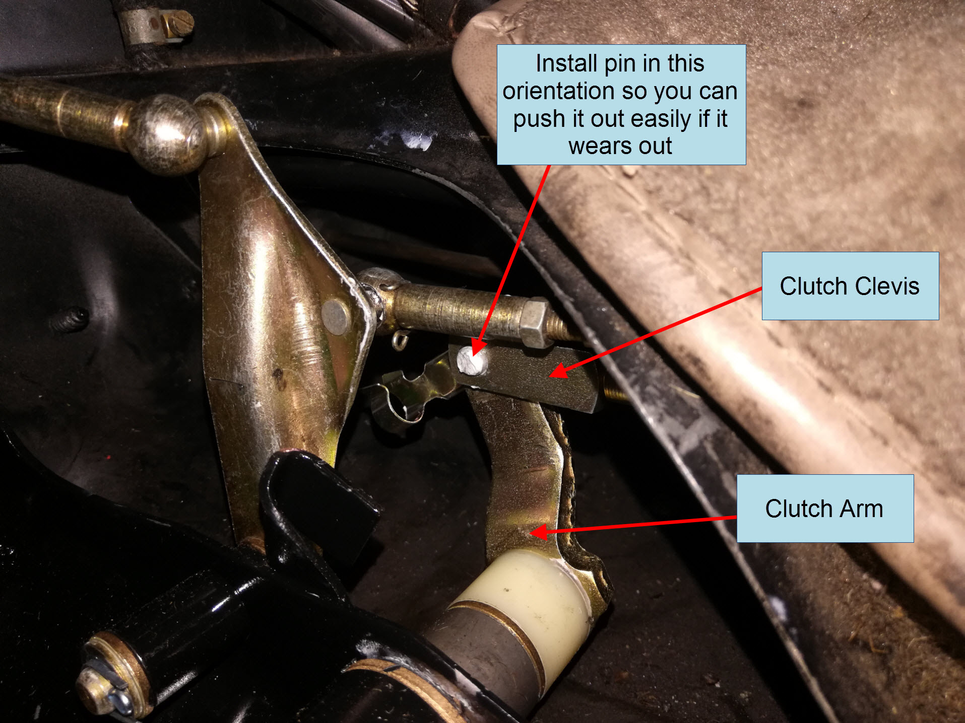 Air-cooled Porsche 911 clutch cable clevis pin installation.