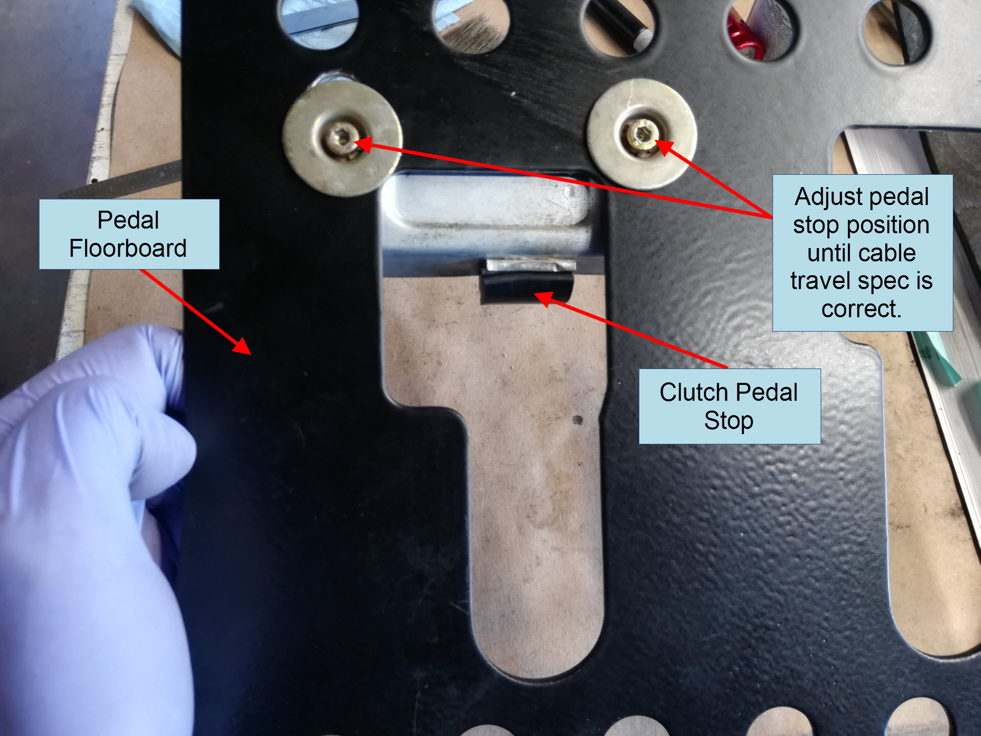 Air-cooled Porsche 911 clutch pedal stop on pedal floorboard.