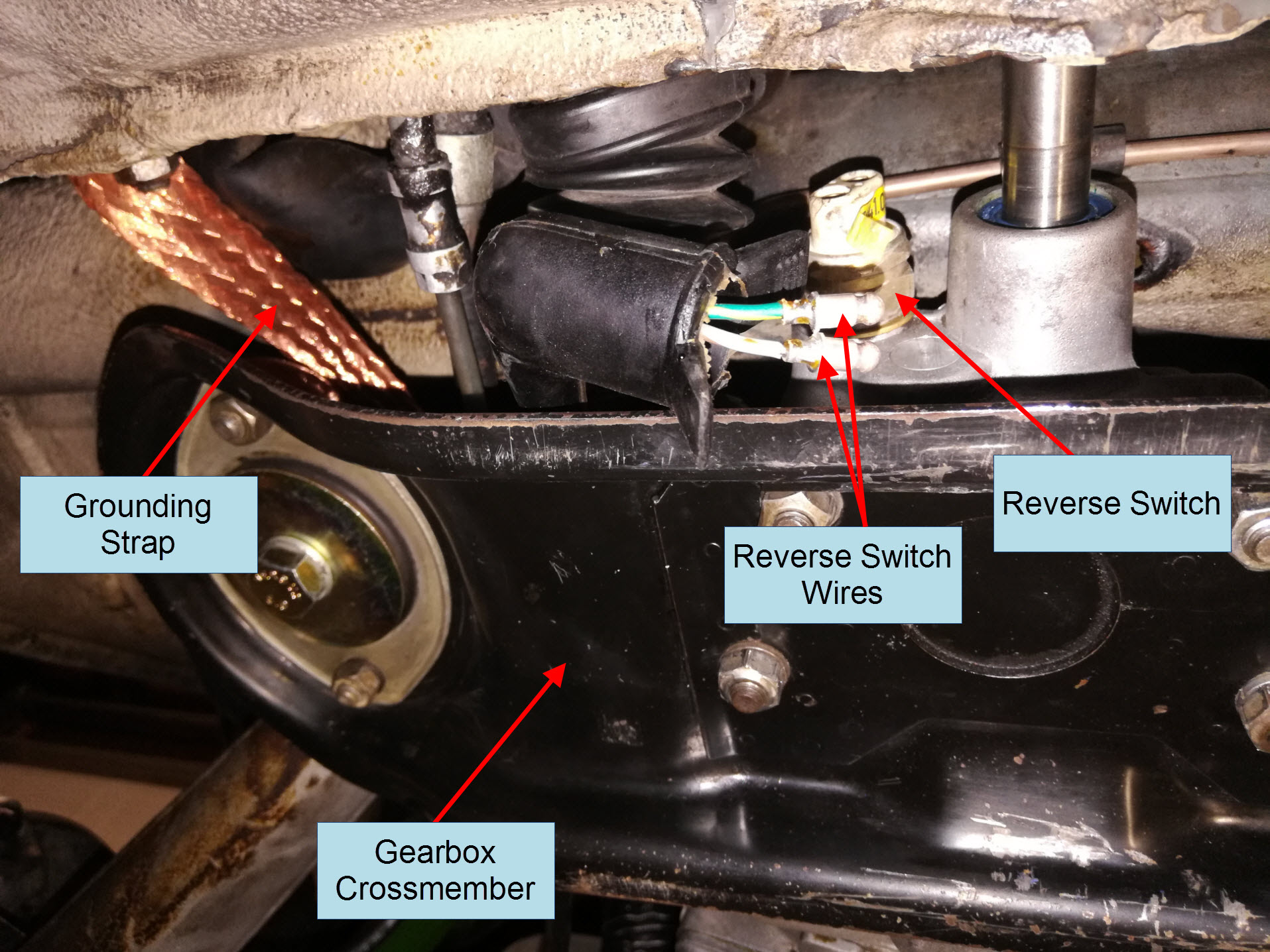 Air-cooled Porsche 911 grounding strap and reverse switch locations.