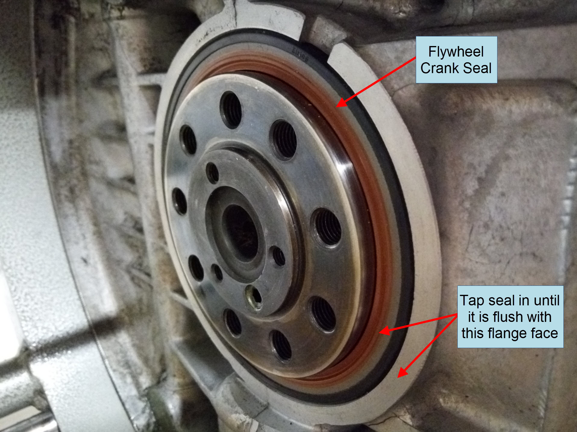 Air-cooled Porsche 911 flywheel crank seal installation.