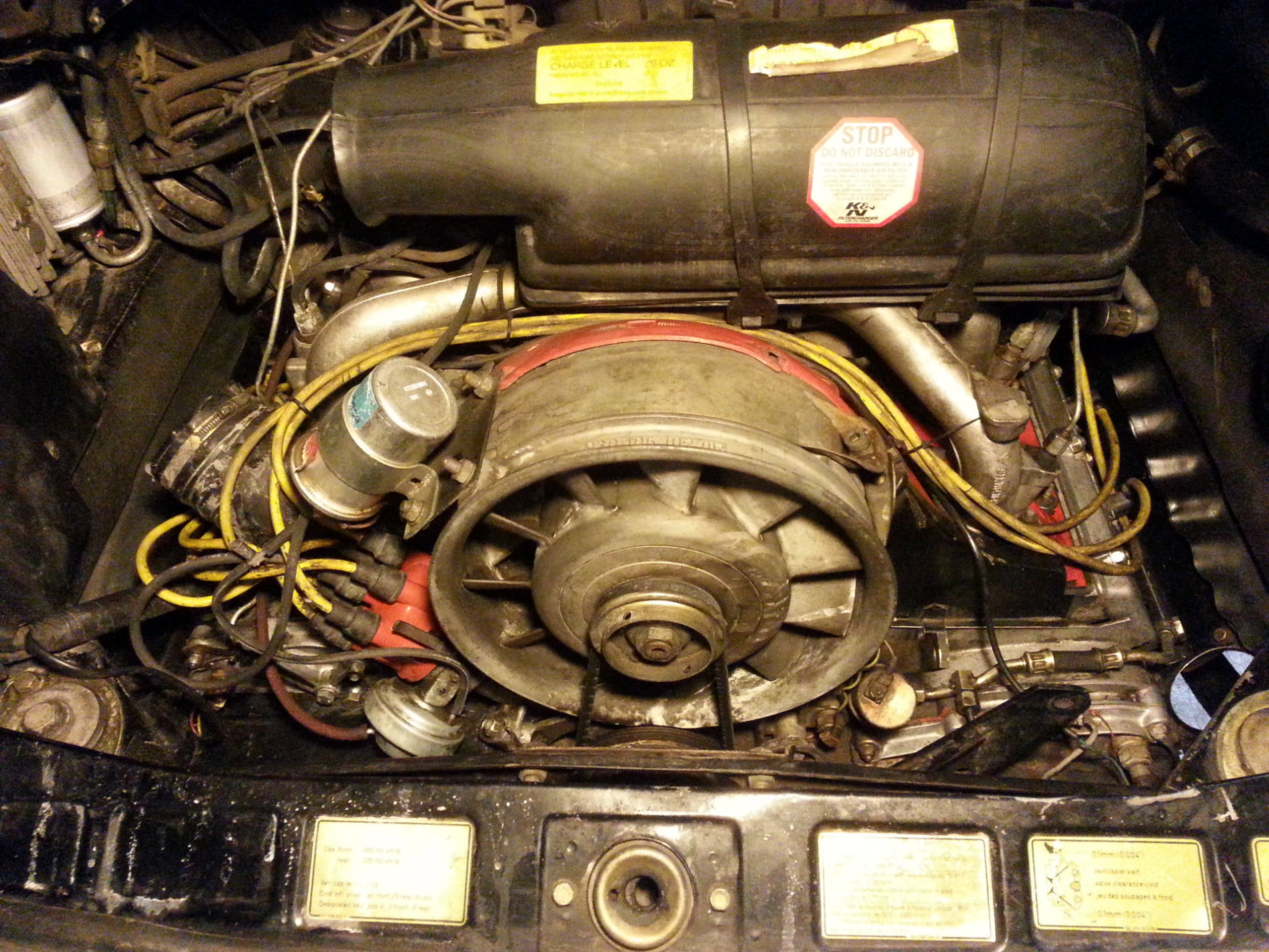 Air-cooled Porsche 911 dirty oily engine.