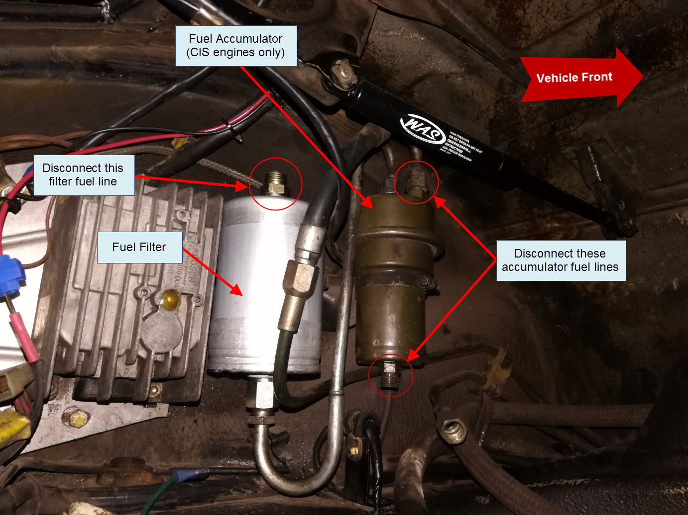 Porsche 911 SC fuel filter and fuel accumulator detail.