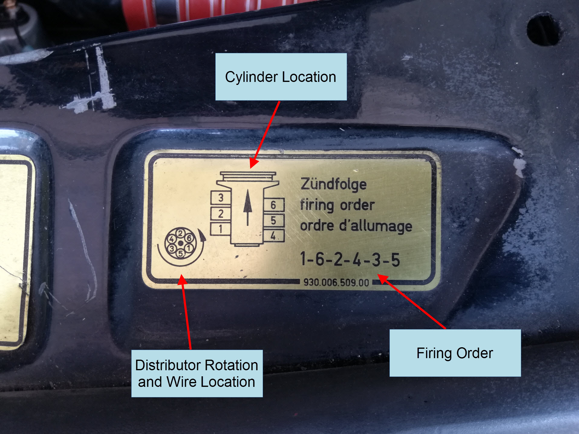Air-cooled Porsche 911 engine compartment firing order decal.