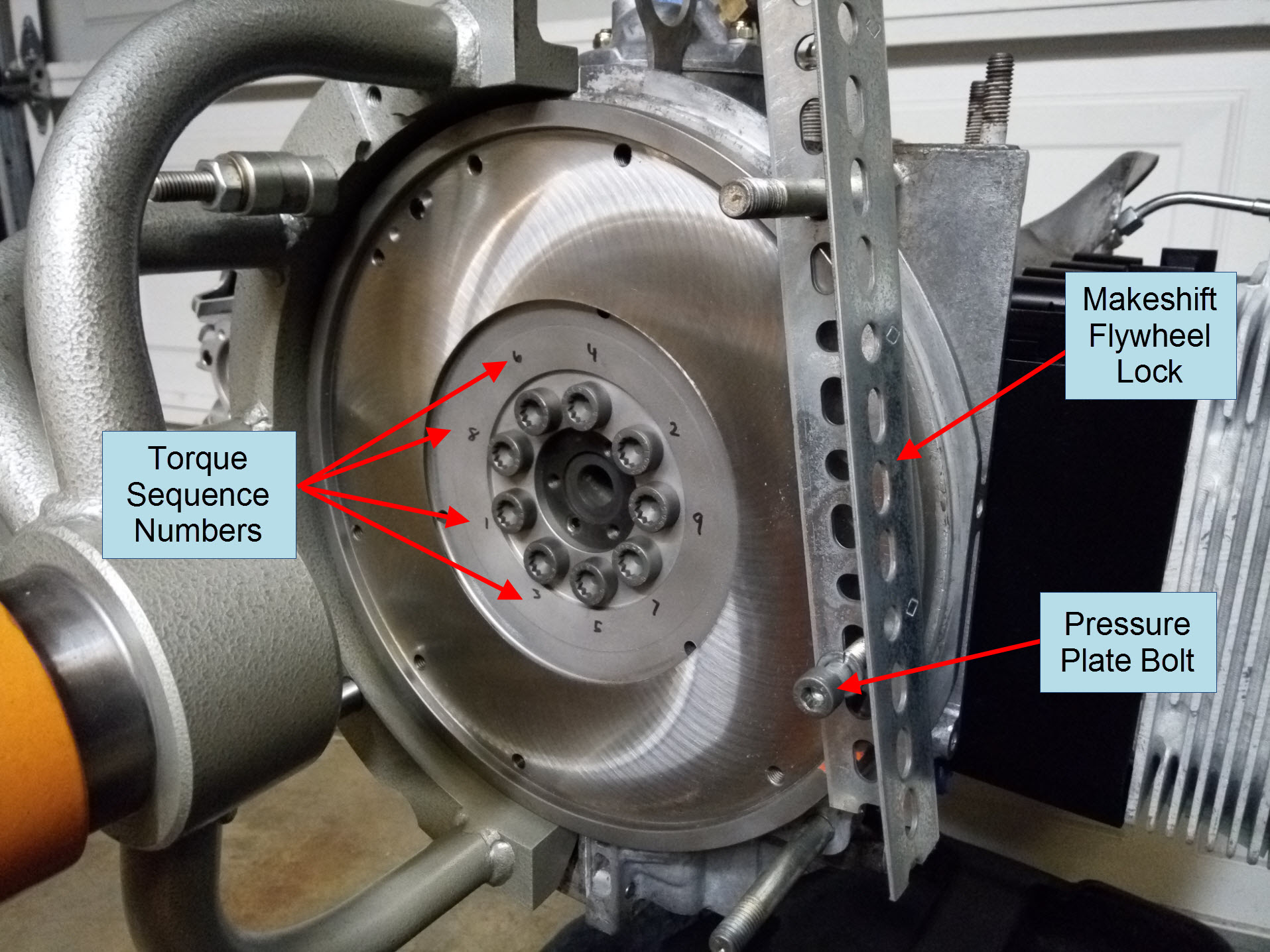Air-cooled Porsche 911 flywheel installation.