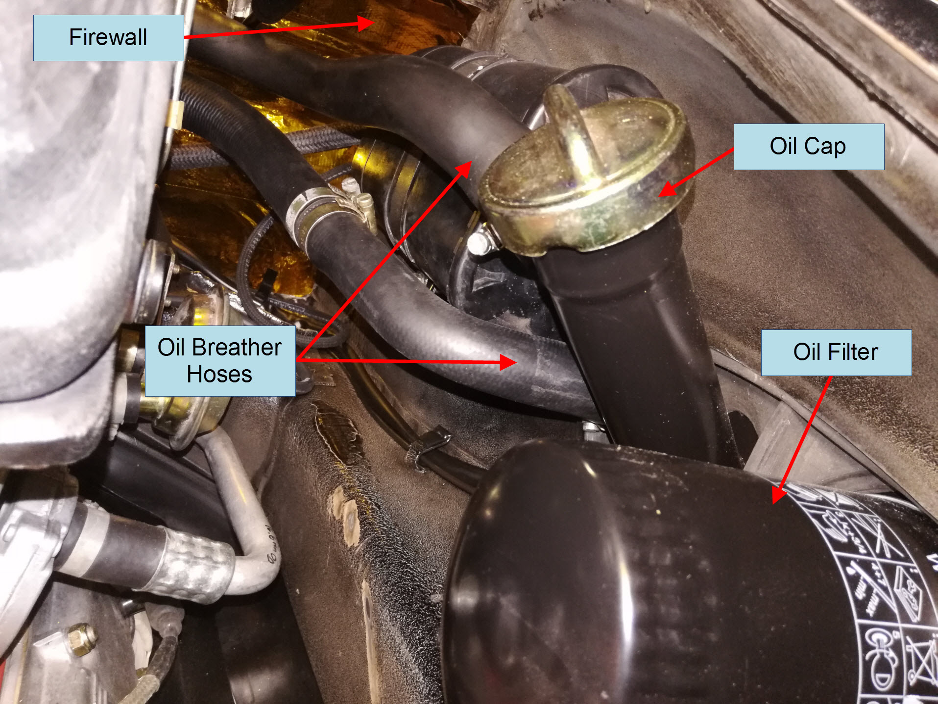 Air-cooled Porsche 911 crankcase breather hoses.
