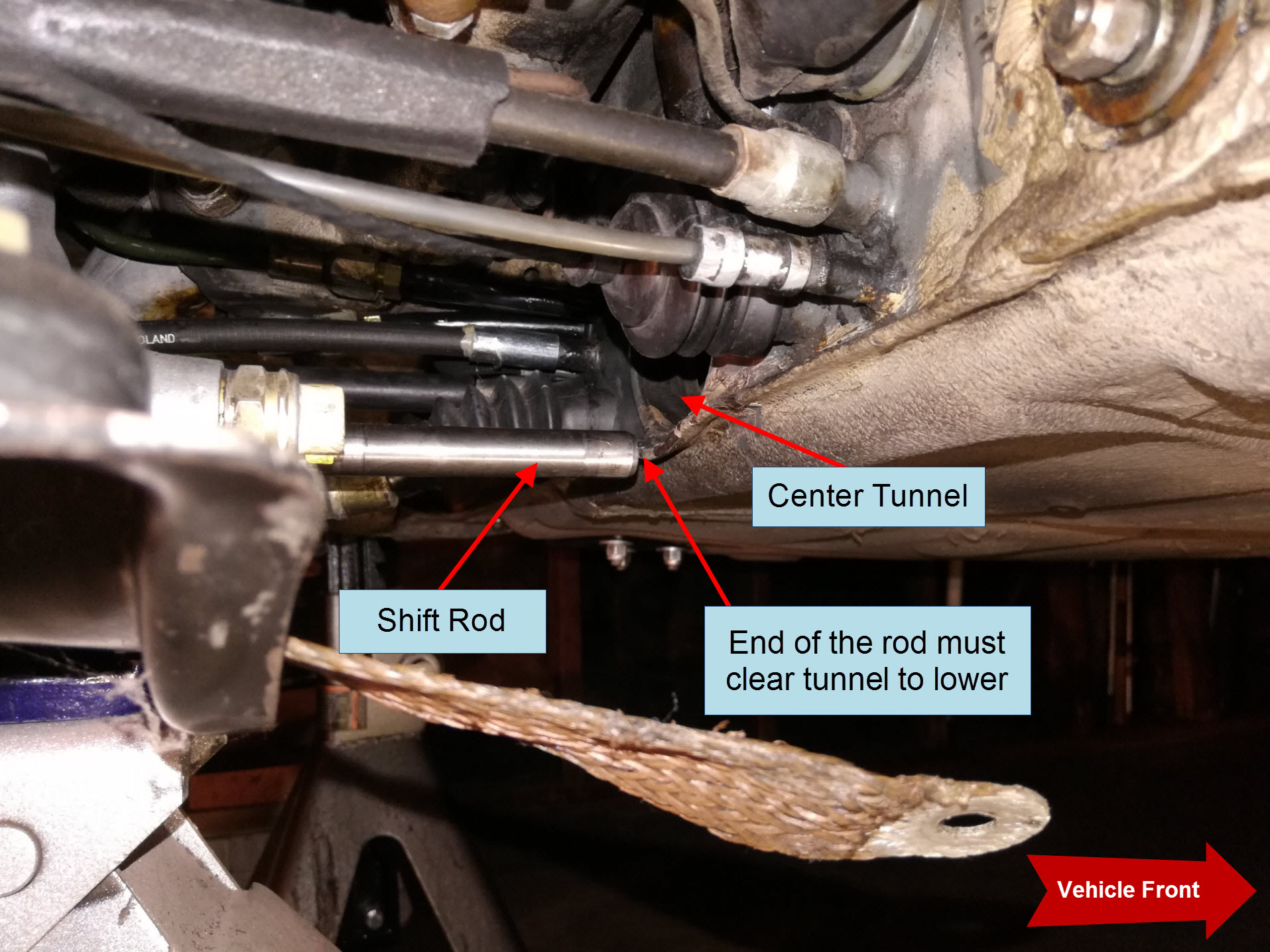 Air-cooled Porsche 911 gearbox shift rod center tunnel clearance.