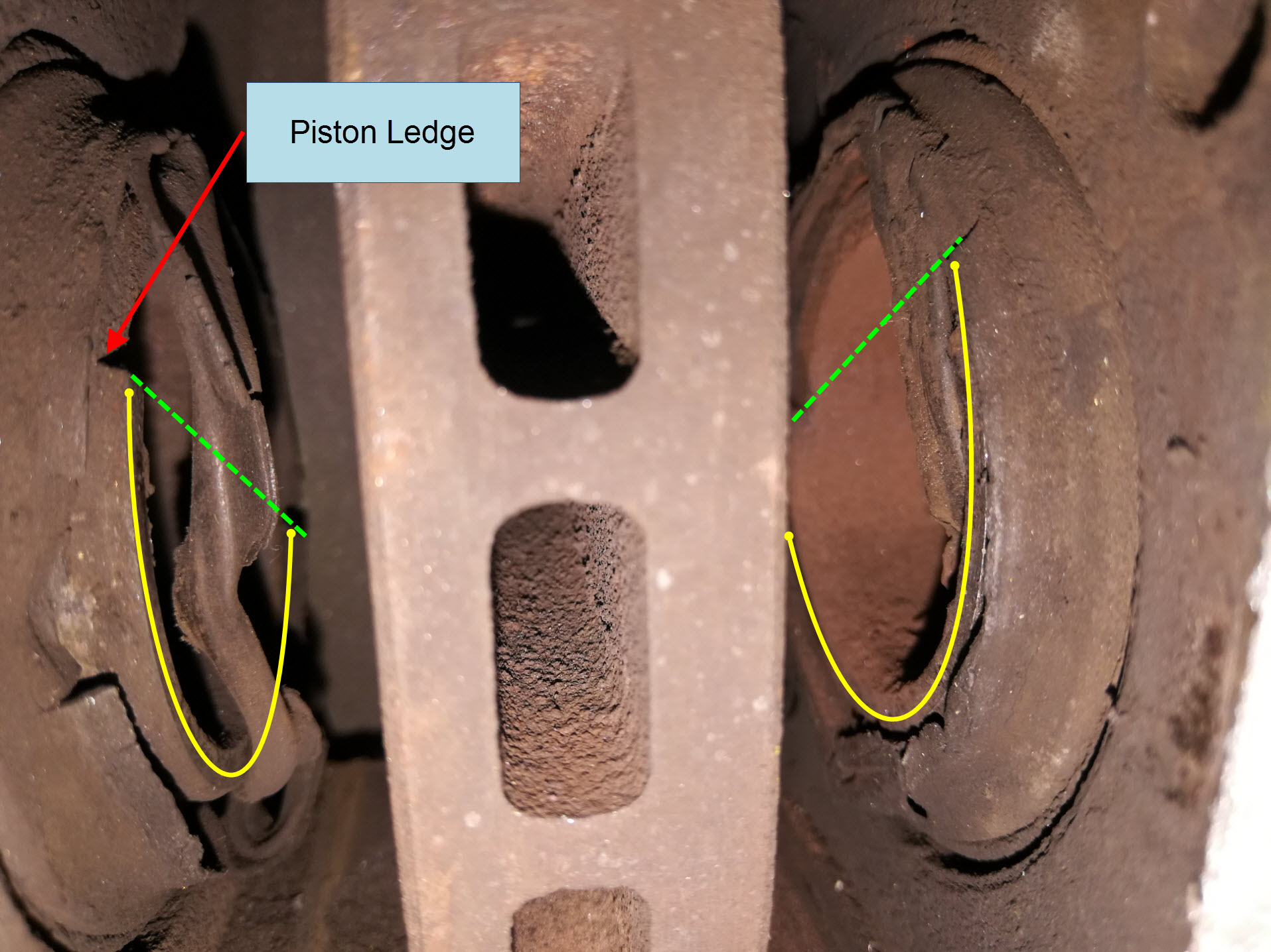 Air-cooled Porsche 911 brake caliper piston raised ledges.