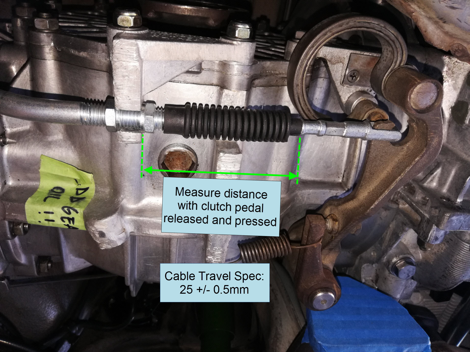 Air-cooled Porsche 911 clutch cable travel measurement.