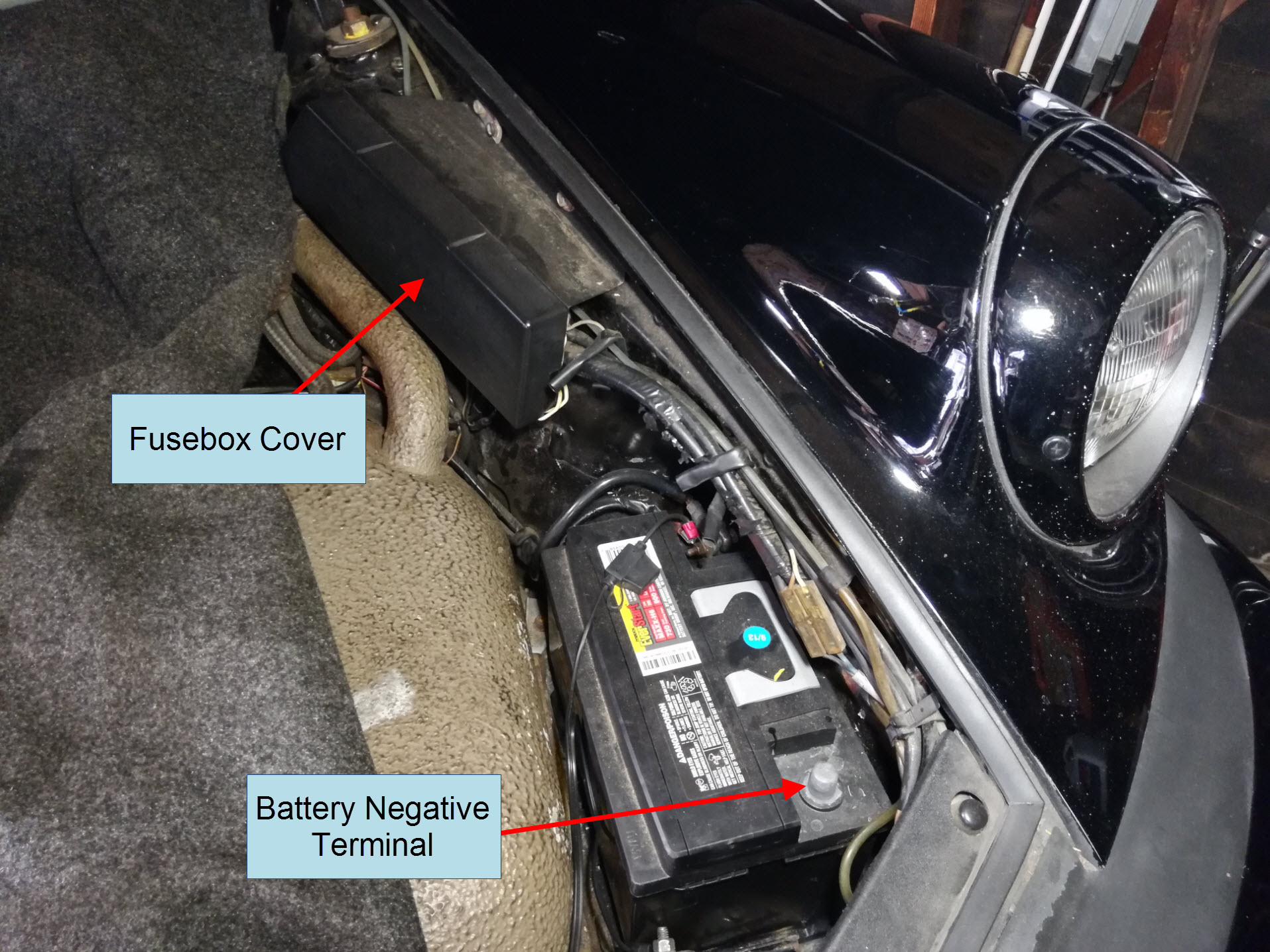 Air-cooled Porsche 911 battery and fusebox location.