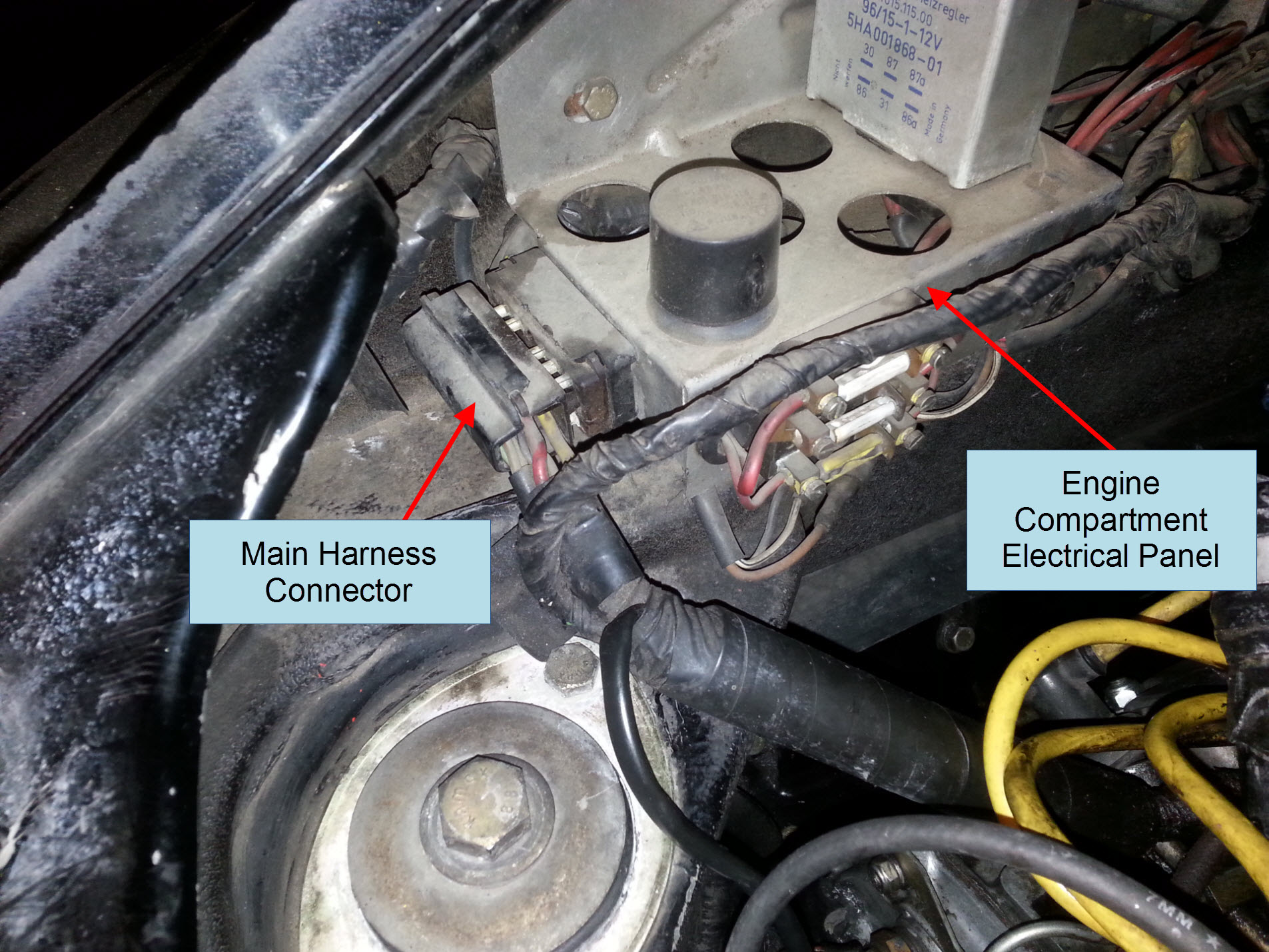 Air-cooled Porsche 911 main engine wire harness connector.