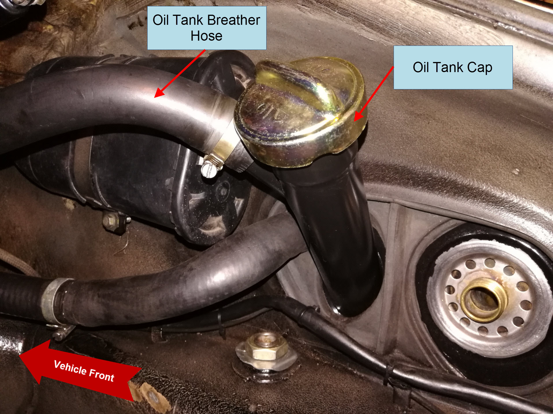 Porsche 911 oil breather hose and oil cap location.