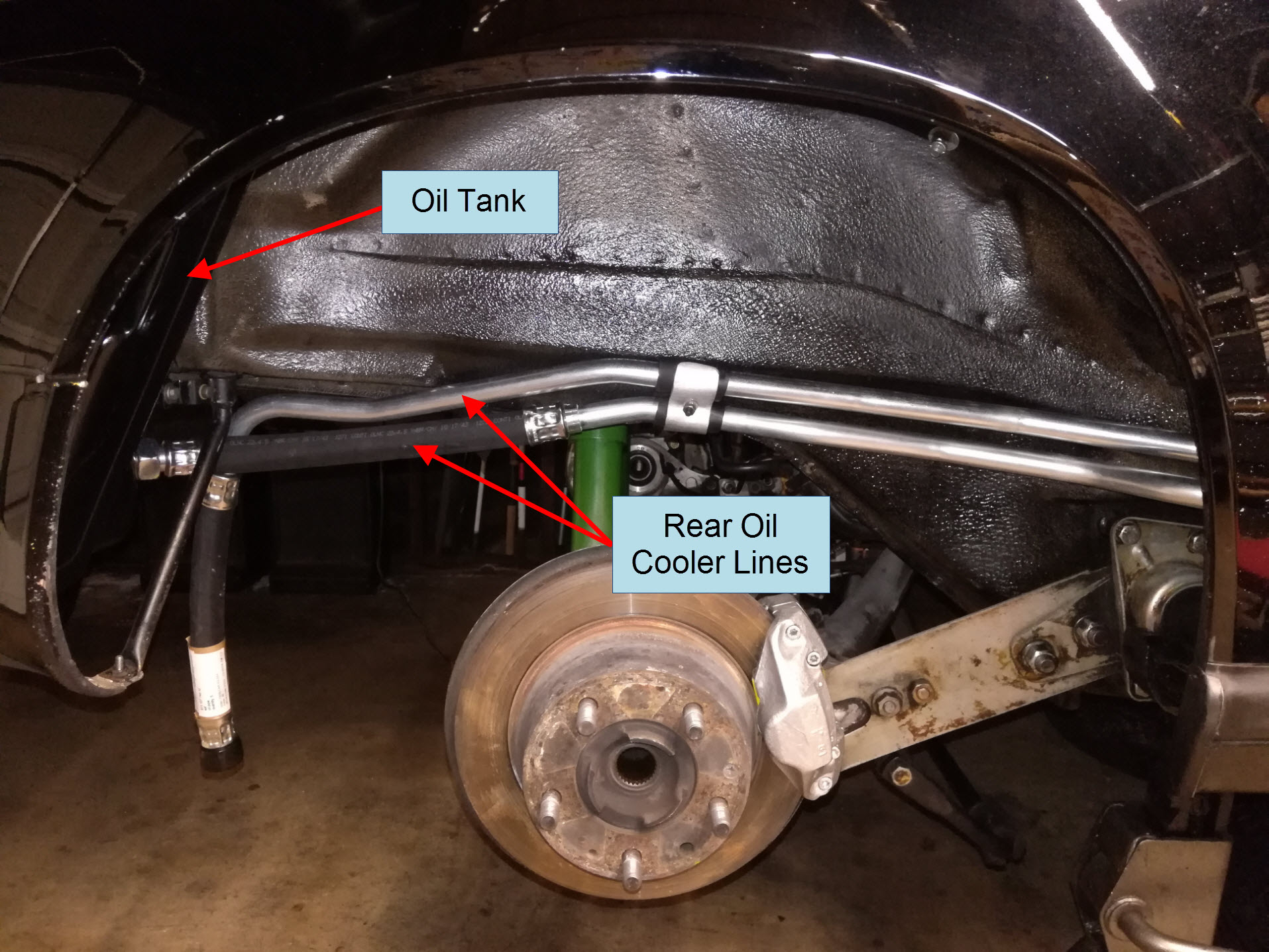 Air-cooled Porsche 911 rear oil cooler lines.