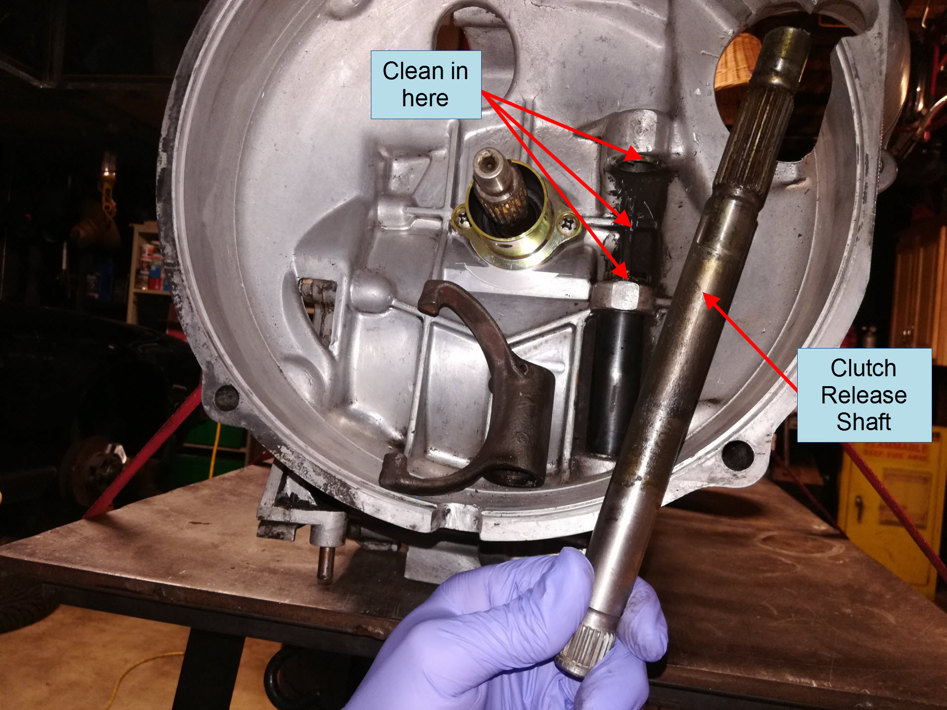 Air-cooled Porsche 911 clutch release shaft removal.