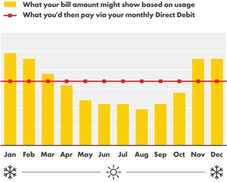 A graph showing the monthly amounts you might spend on energy - rising in winter and falling in summer. Across this curve sits a straight line, representing those changing amounts added up and divided by 12, paid for every month in a Direct Debit.