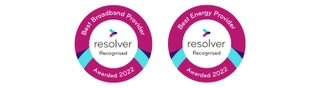 Two 'Resolver Recognised' logos for 2022, one for best broadband provider and one for best energy provider
