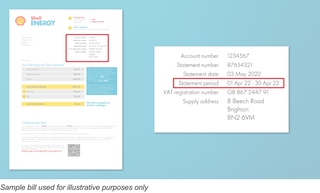 A graphic of a Shell Energy bill, highlighting the first section that contains the account number, statement date and statement period. This example shows a statement period for a full calendar month of April 2022. Sample bill used for illustrative purposes only.