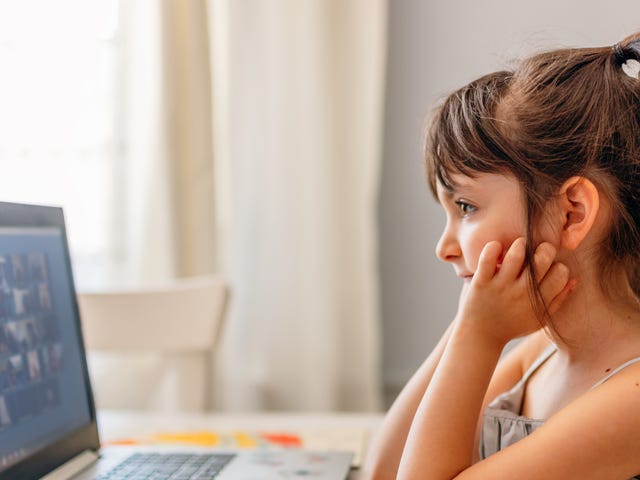 kid taking an online course on her computer