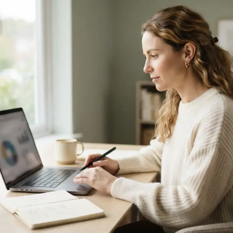 Learner using a laptop and notebook during an online TEF Canada French exam prep lesson with Berlitz.