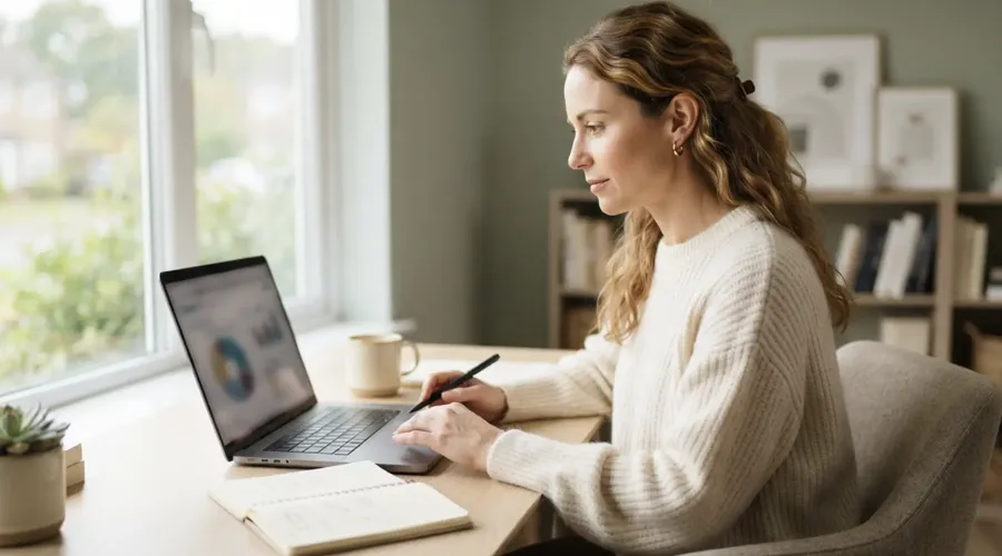 Learner using a laptop and notebook during an online TEF Canada French exam prep lesson with Berlitz.