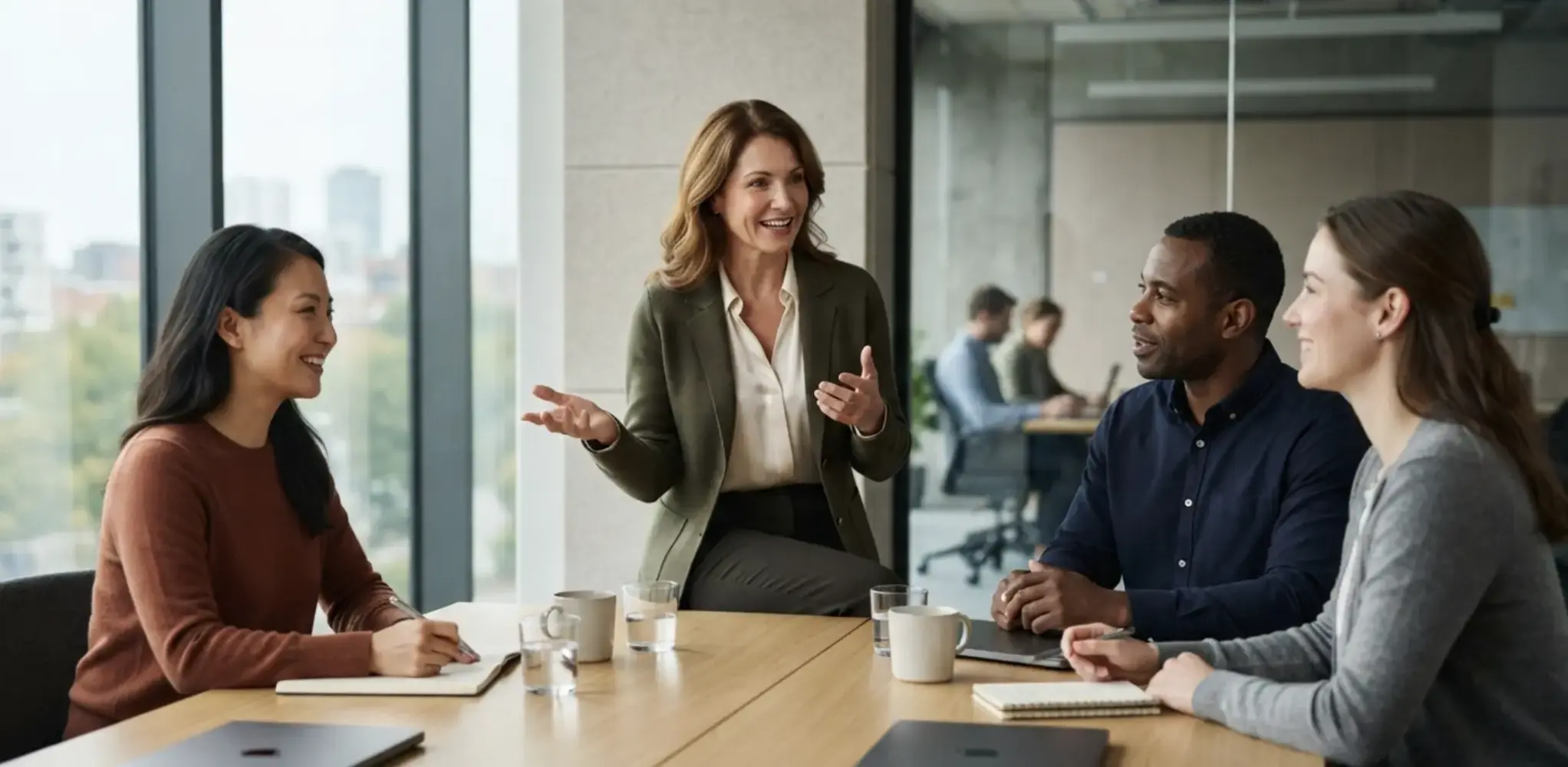 Business professionals collaborating in an office setting during a Berlitz corporate language training session in Canada.