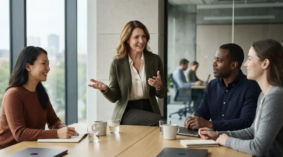 Business professionals collaborating in an office setting during a Berlitz corporate language training session in Canada.