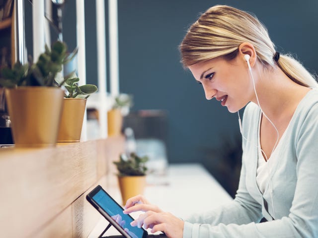 woman continuing her self-paced language studies