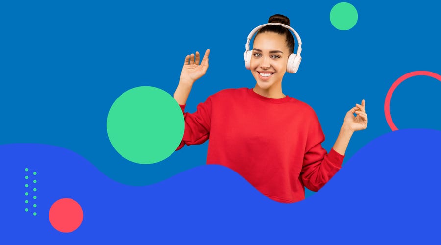 Woman with headphones listening to Berlitz's video about connecting words