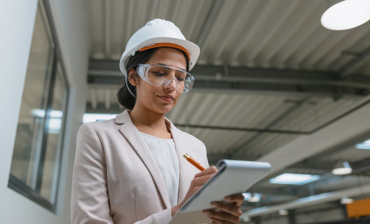 Woman in a helmet making notes after attending Berlitz Canada's EV Battery Manufacturing Language Training