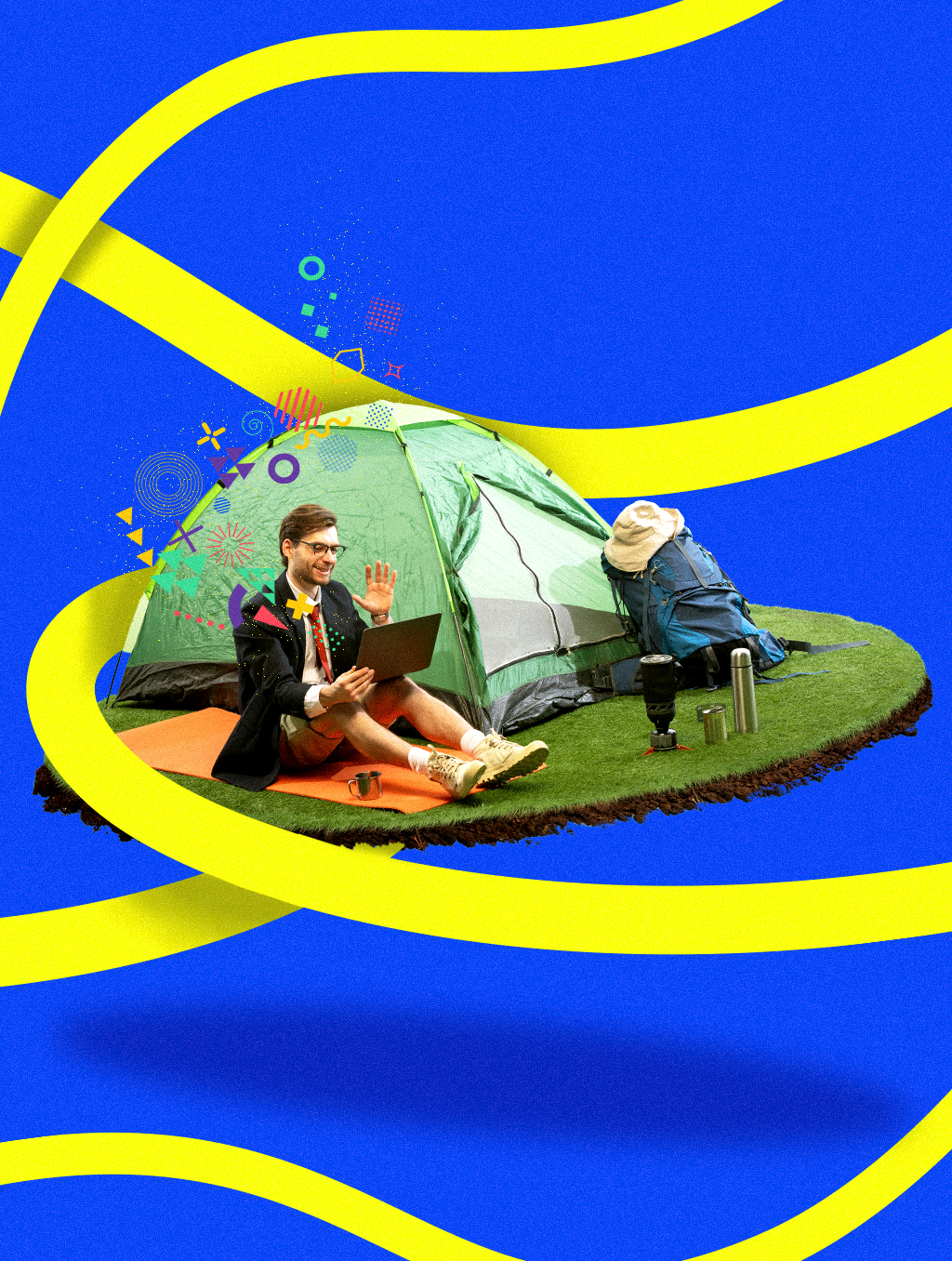 Man sitting in front of a tent and holding a tablet while attending a private online language class with Berlitz Canada