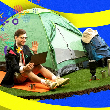 Man sitting in front of a tent and holding a tablet while attending a private online language class with Berlitz Canada
