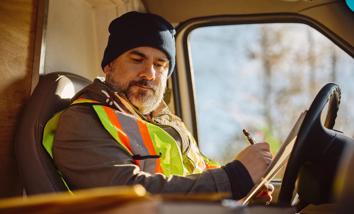 Man in a truck making notes after his logistics language training with Berlitz Canada
