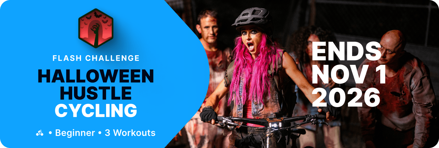 Halloween Hustle cycling Flash Challenge banner with a costumed cyclist facing zombies. Three beginner bike workouts to complete before November 1, 2026.