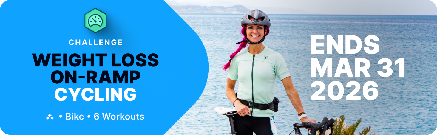 Promotional banner for the Weight Loss On-Ramp Cycling Challenge featuring six bike workouts ending March 31, 2026.
