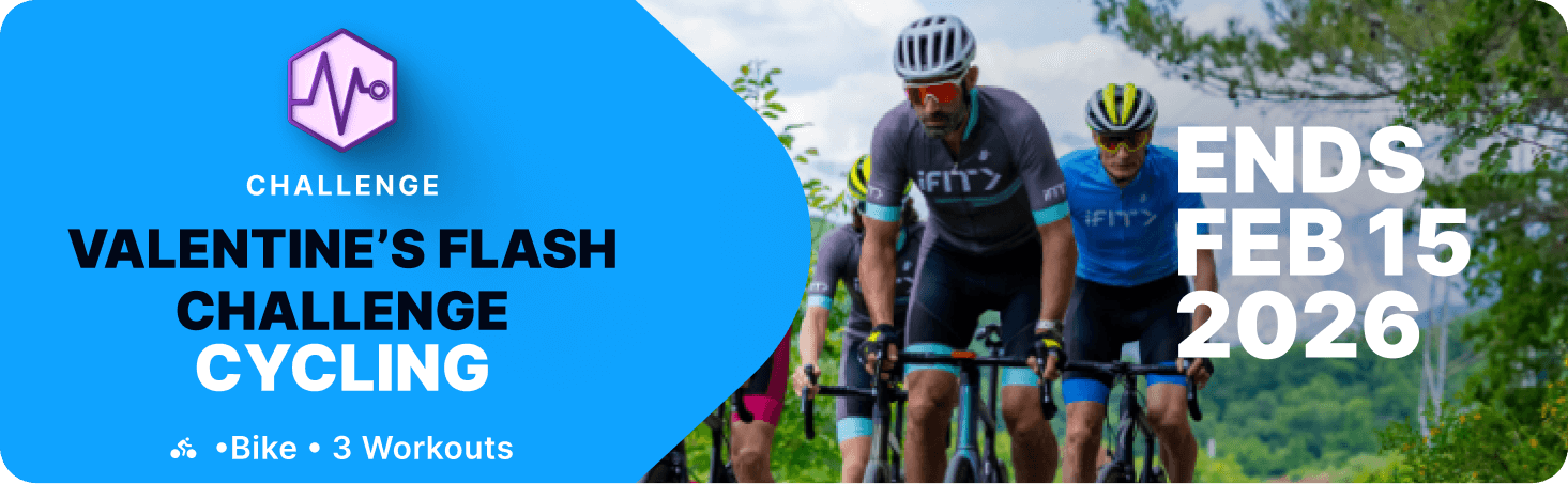 Cyclists training together during the iFIT Valentine’s Flash Challenge Cycling workouts, featuring three guided rides led by iFIT Trainer duos.