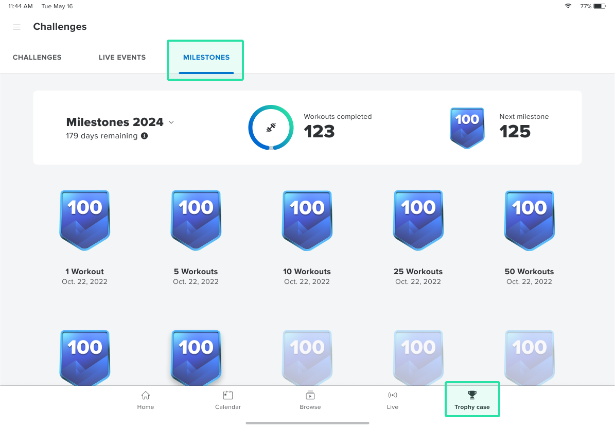 View of the Milestones tab in the iFIT App's Trophy Case page.