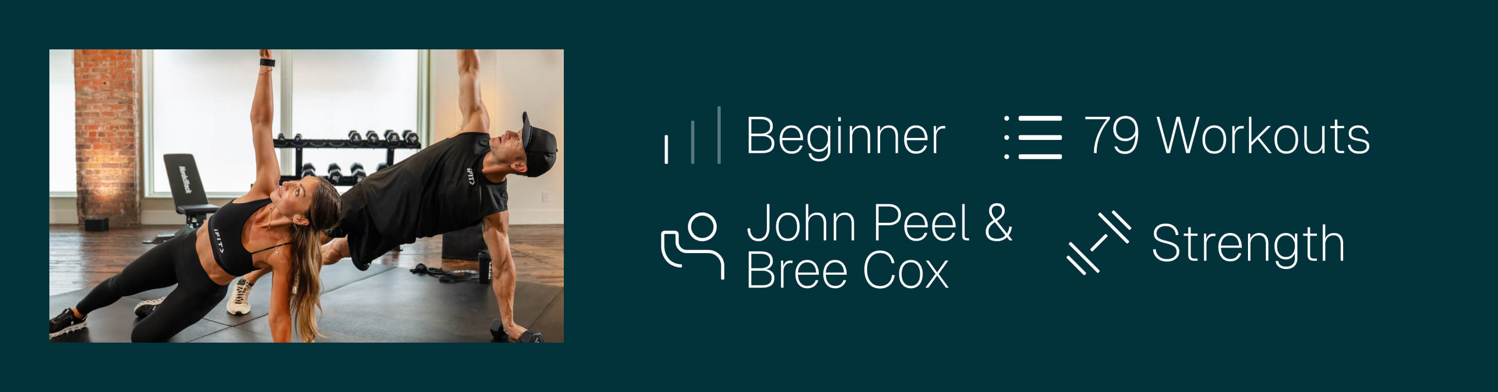 Transform 90 strength program details: beginner level, 79 workouts, coached by iFIT Trainers John Peel and Bree Cox.