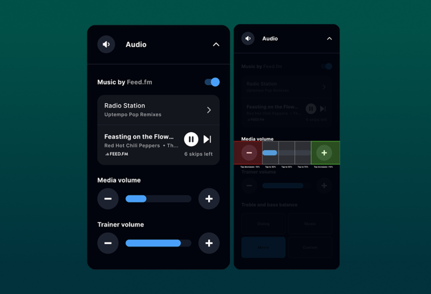 The redesigned audio settings panel shows separate media and trainer volume sliders, making it easier to balance music and coaching during workouts.