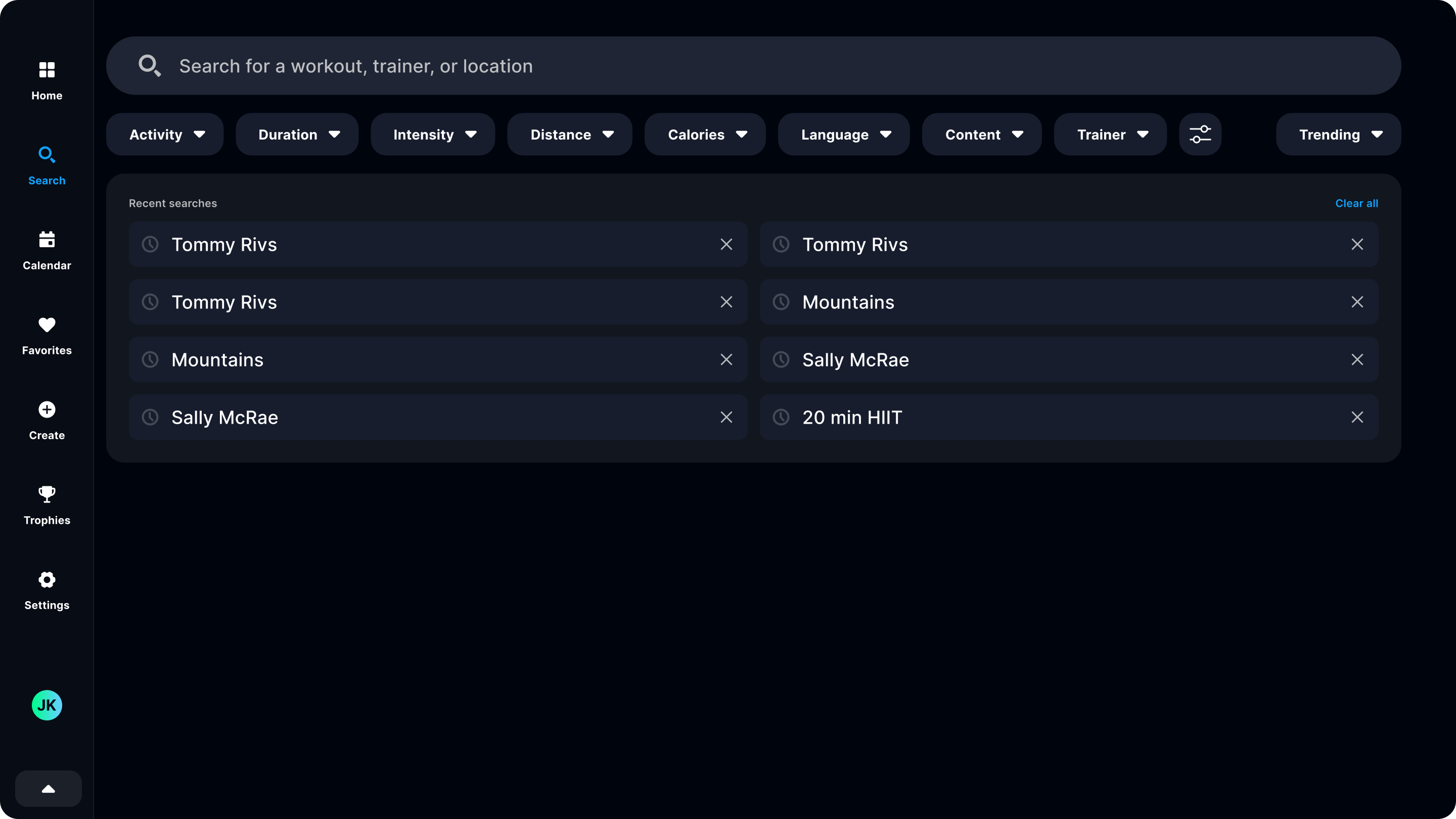 iFIT 2.0 predictive search showing live suggestions for workout titles, trainer names, and locations as the member types — console touchscreen view