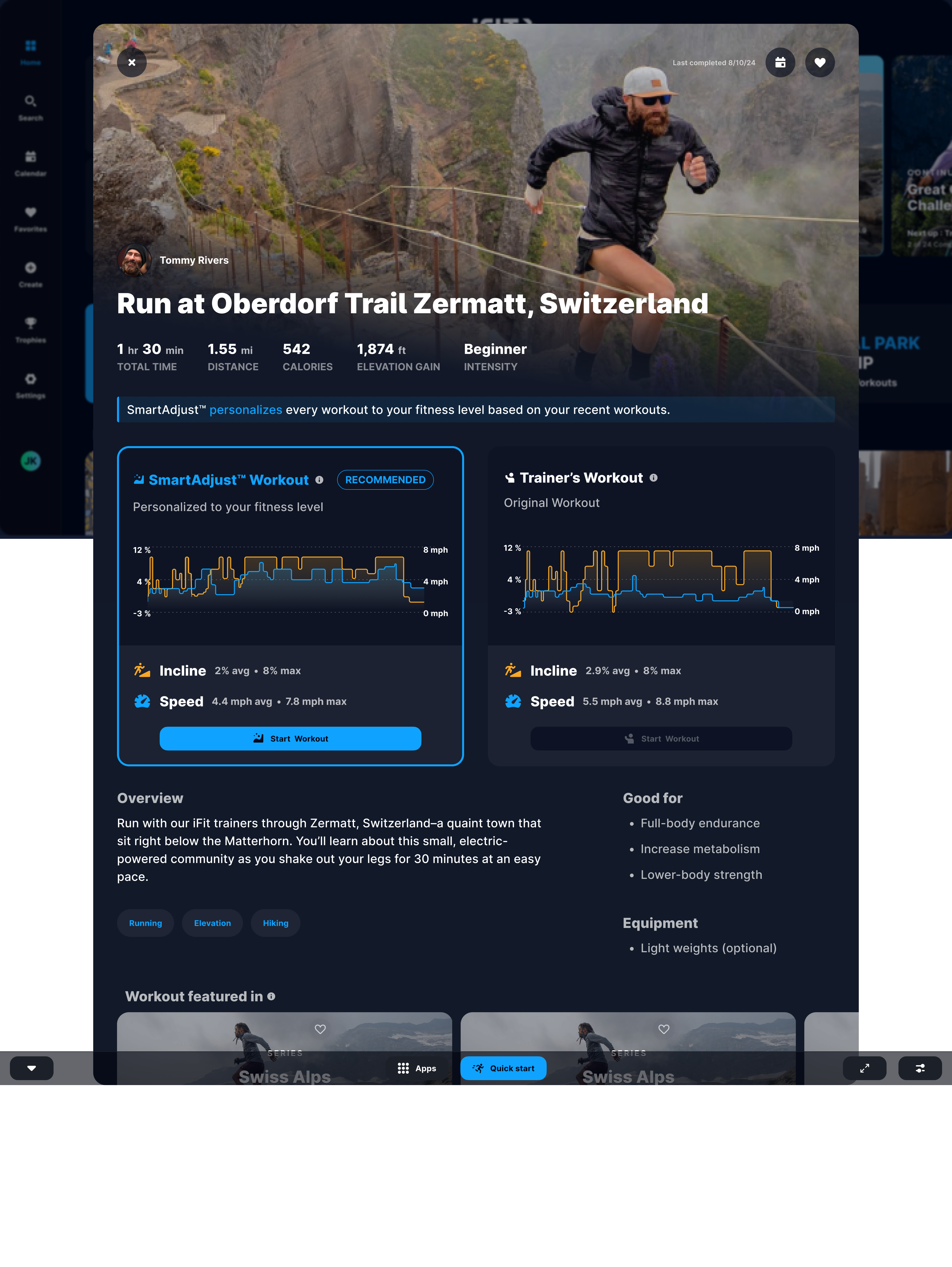 The updated SmartAdjust pre-workout screen lets members see their personalized settings side by side with the trainer's original programming before starting a run in Zermatt, Switzerland.