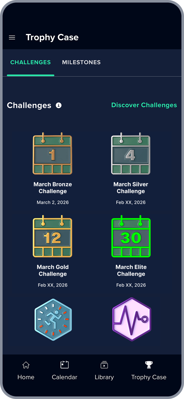 Mobile app screenshot of the iFIT Trophy Case showing March Bronze, Silver, Gold, and Elite Consistency Challenge badges earned through the online fitness challenge.