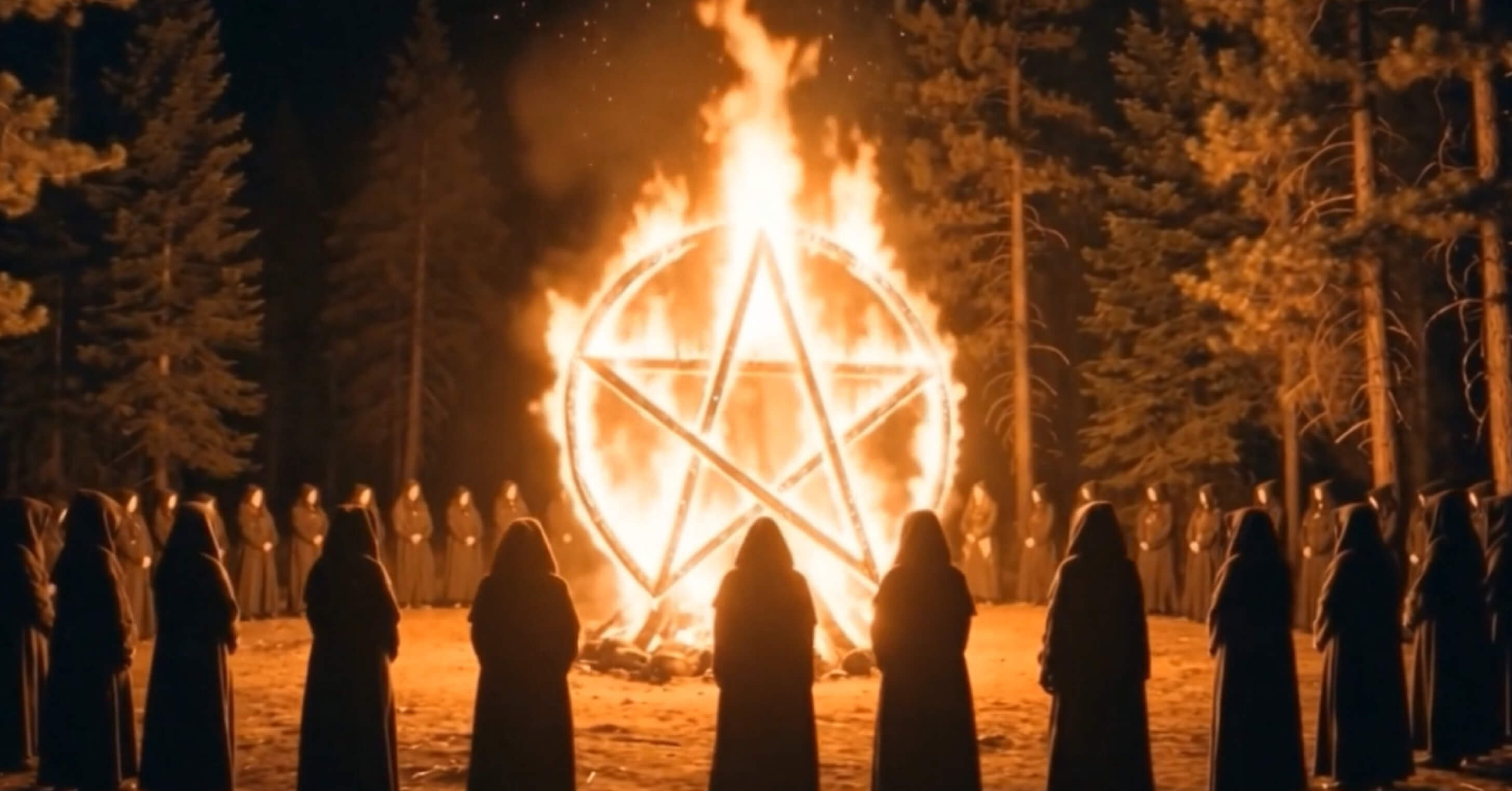 Hooded figures circle a burning pentagram in a pine forest at night in iFIT’s AI Witches Coven Initiation, a Halloween treadmill workout with three trials.