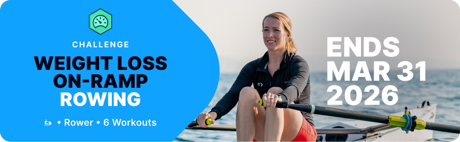 Promotional banner for the Weight Loss On-Ramp Rowing Challenge featuring six rowing workouts ending March 31, 2026.