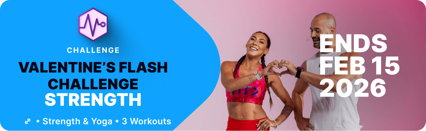 Two iFIT Trainers leading a Valentine’s Flash Challenge strength workout, focusing on strength and yoga sessions across three guided workouts.