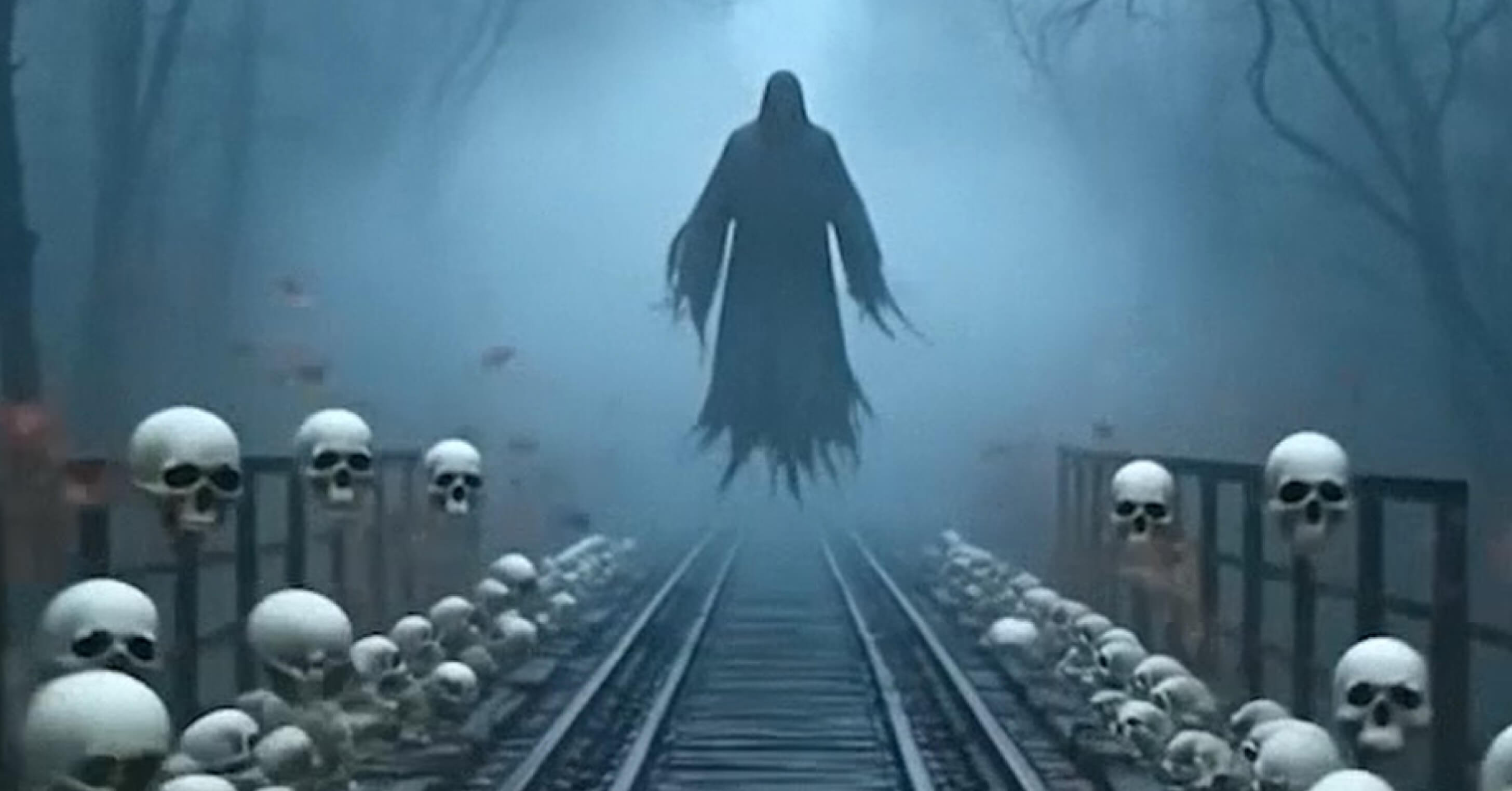 A hooded reaper floats above a foggy railroad bridge lined with skulls in iFIT’s AI Cursed Night Ride, a Halloween bike workout that runs from sundown to sunrise.
