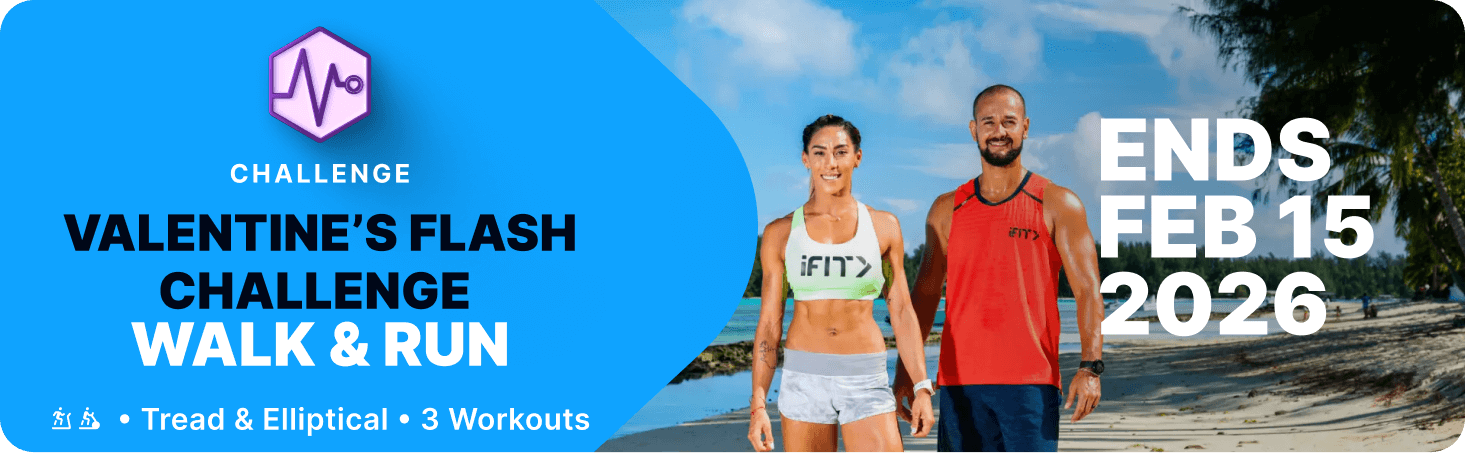 Two iFIT Trainers walking and running on a scenic beach during the Valentine’s Flash Challenge, featuring treadmill and elliptical workouts.
