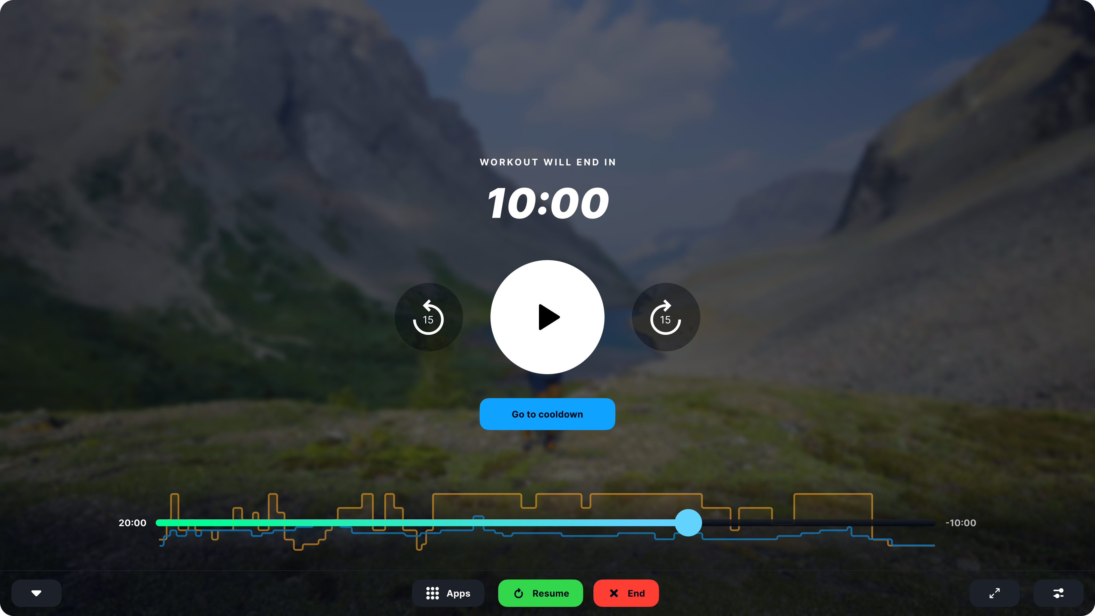 iFIT 2.0 pause screen featuring the new Go to Cooldown button, workout timeline scrubber, and Resume and End controls — available on video and manual workouts