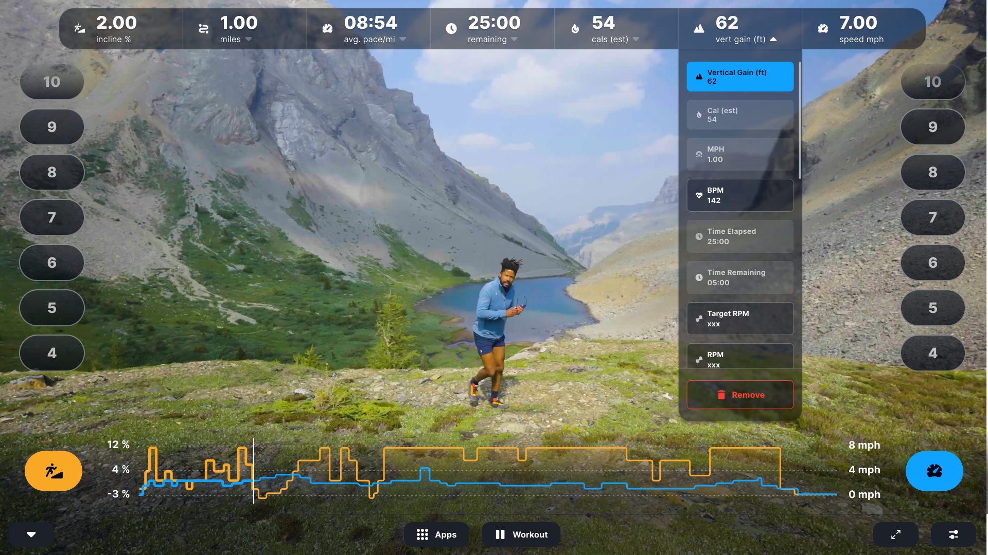 The iFIT metrics bar customization panel lets Pro members choose and reorder workout stats like vertical gain, BPM, calories, and speed on the console during an active session.