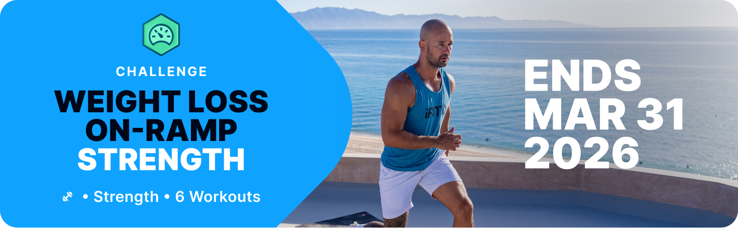 Promotional banner for the Weight Loss On-Ramp Strength Challenge featuring six strength workouts ending March 31, 2026.